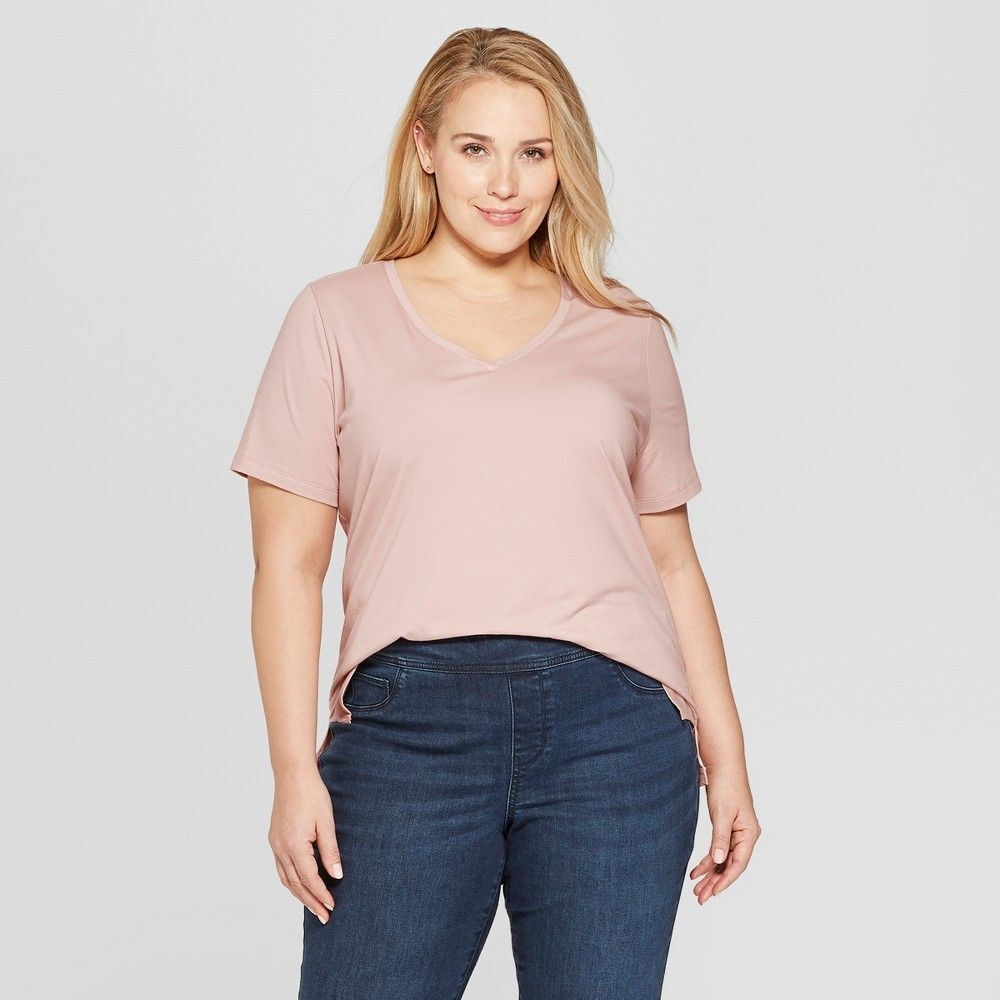 Ava & Viv V Neck Short Sleeve Stretch T-shirt - Blush - Size 3X (24W-26W)